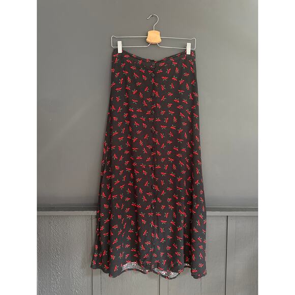 Vintage Nutcracker Holly Print Christmas Holiday Black Midi Button Front Skirt L - Picture 1 of 8